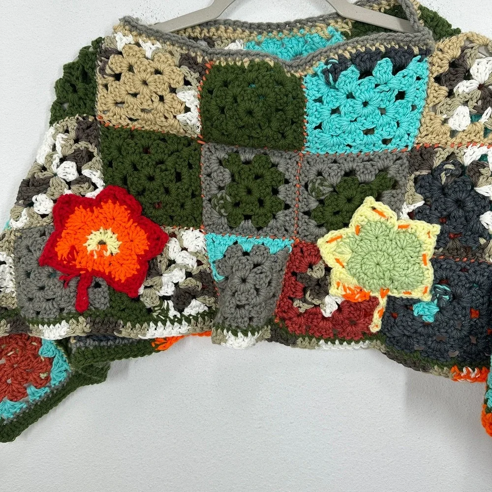 Vintage Kids Crochet Granny Square Jacket Poncho Sweater Boho Autumn Leaves